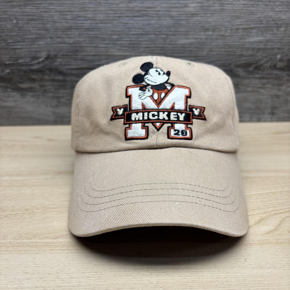 Disney Mickey Mouse Hat Cap Strap Back Mens One Size Beige Twill Varsity WDW